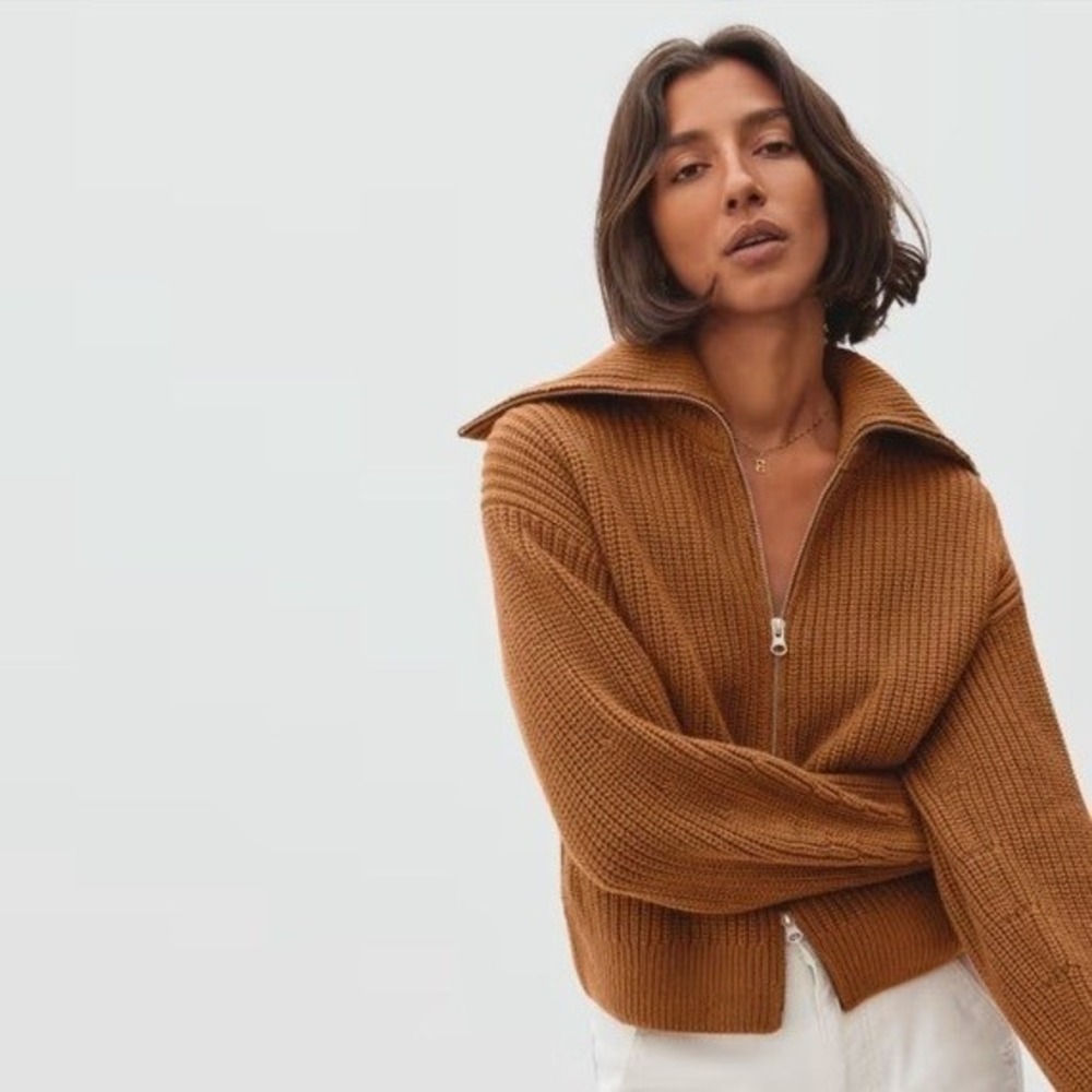 Everlane Chunky Knit Cardigan Womens M Orange Sailor Two Way Full Zip Sweater